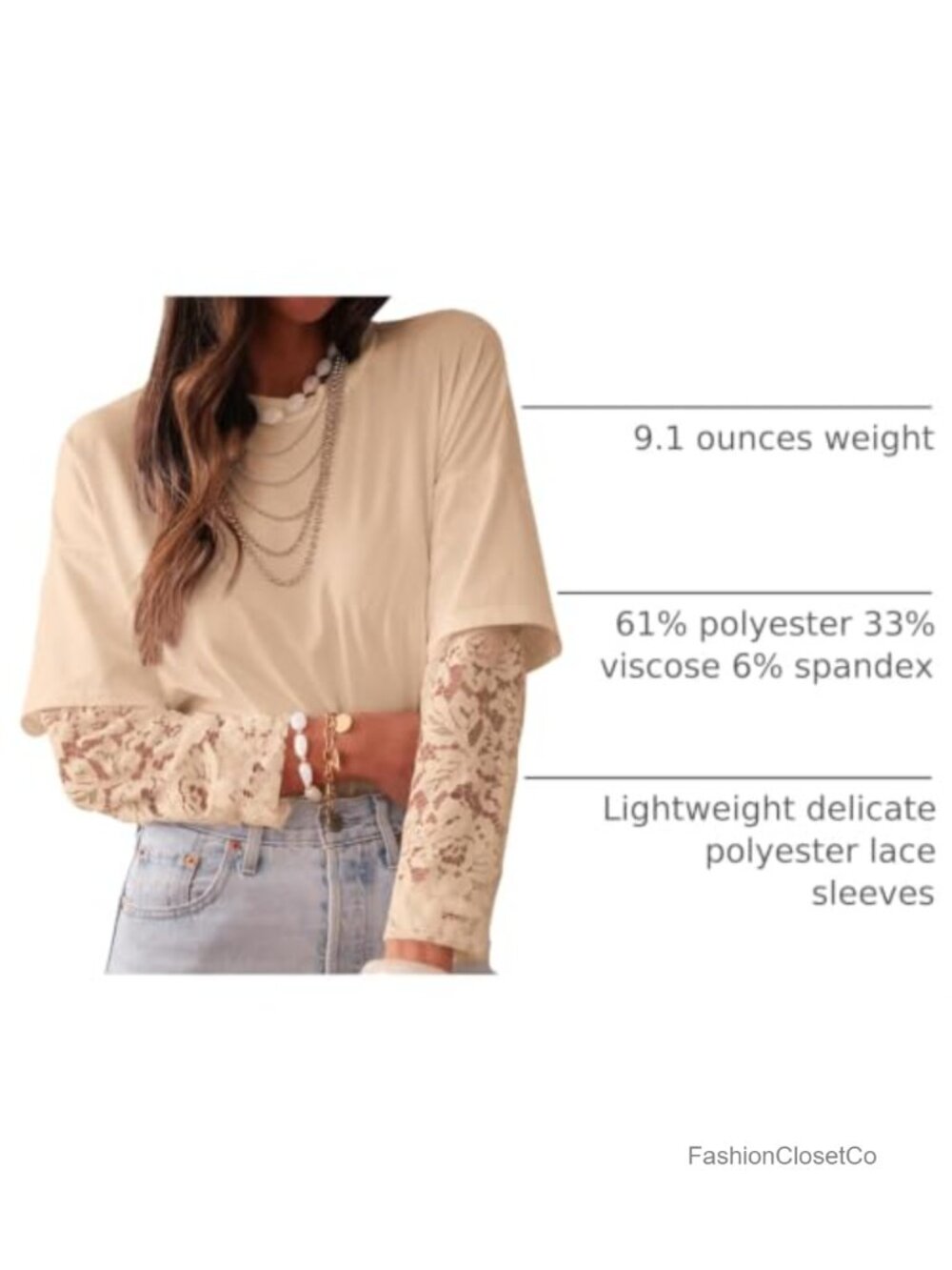 Women's Long Sleeve Lace Patchwork Crew Neck T-Shirt Top - Picture 3 of 6